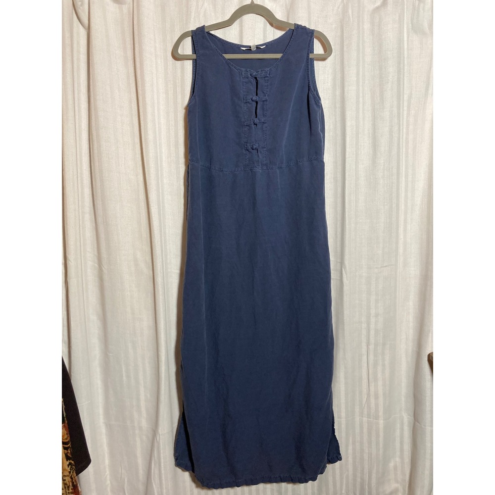 Melrose Studio Blue Tencel Linen Frog Button Empire Waist Maxi Dress Womens M